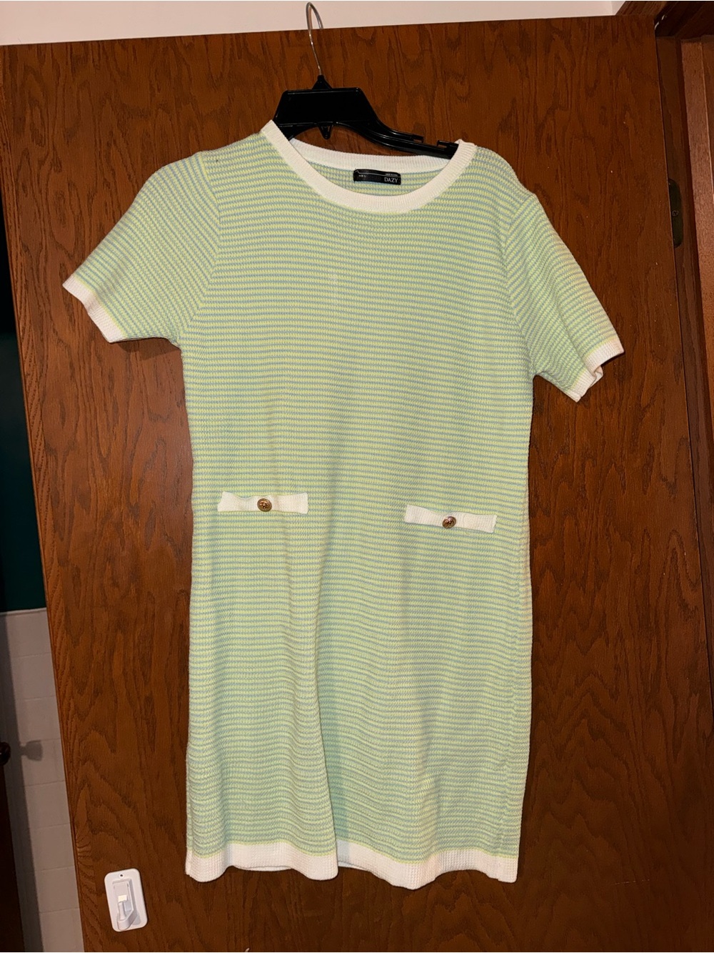 Vintage Short Sleeve Mint Green Knit Mini Dress with White Trim